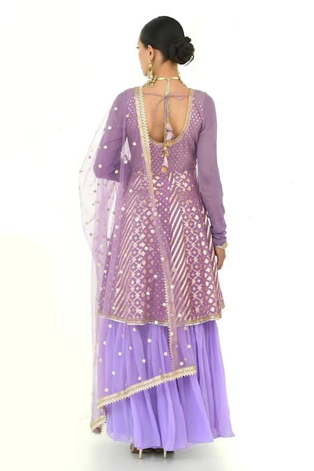 Rishi and Vibhuti X AZA_Purple Net, Chanderi, Georgette Embroidery, Floral Pattern Anarkali With Dupatta _Online_at_Aza_Fashions