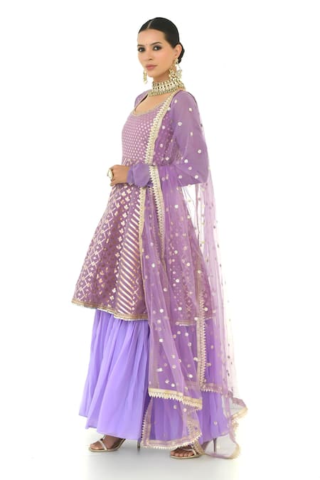 Buy_Rishi and Vibhuti X AZA_Purple Net, Chanderi, Georgette Embroidery, Floral Pattern Anarkali With Dupatta _Online_at_Aza_Fashions