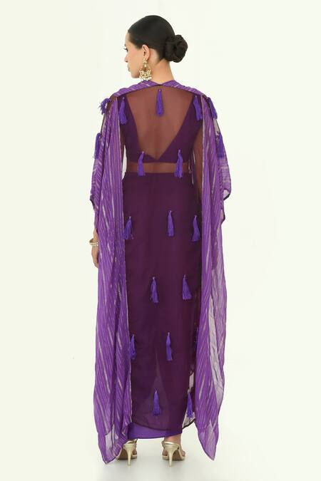 Shop_Rishi and Vibhuti_Purple Organza, Crepe Tassels Plunge Neck Draped Skirt Set With Cape_at_Aza_Fashions