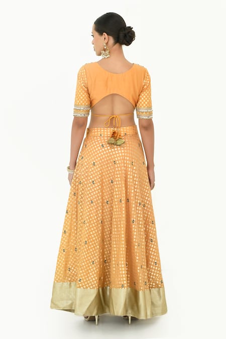 Rishi and Vibhuti X AZA_Yellow Net, Chanderi Mirrors, Embroidery Plunge Floral Pattern Woven Lehenga Set _Online_at_Aza_Fashions
