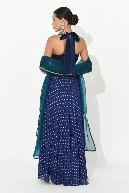 Shop Rishi and Vibhuti Blue Organza, Denim Mirrors Sweetheart Neck Polka Embellished Skirt Set at Aza Fashions Shop_Rishi and Vibhuti_Blue Organza, Denim Mirrors Sweetheart Neck Polka Embellished Skirt Set_at_Aza_Fashions