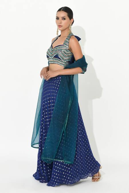 Buy Rishi and Vibhuti Blue Organza, Denim Mirrors Sweetheart Neck Polka Embellished Skirt Set Online at Aza Fashions Buy_Rishi and Vibhuti_Blue Organza, Denim Mirrors Sweetheart Neck Polka Embellished Skirt Set_Online_at_Aza_Fashions