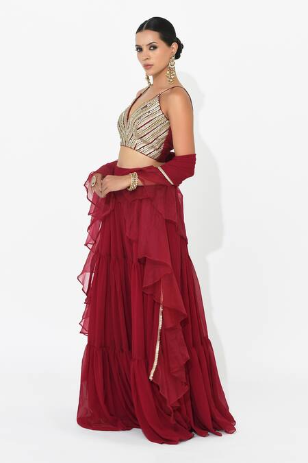 Buy_Rishi and Vibhuti X AZA_Red Organza, Crepe, Georgette Embroidery Plunge Neck Blouse Tiered Skirt Set _Online_at_Aza_Fashions