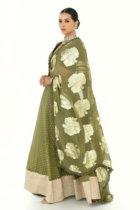 Rishi and Vibhuti X AZA_Green Chanderi, Georgette Sequins Plunge Lehenga Set With Floral Woven Dupatta _Online_at_Aza_Fashions