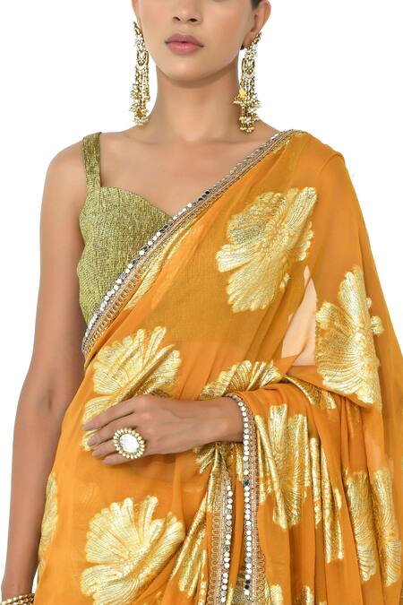 Rishi and Vibhuti X AZA_Yellow Georgette Sequins Sweetheart Neck Flower Pattern Saree With Blouse _Online_at_Aza_Fashions