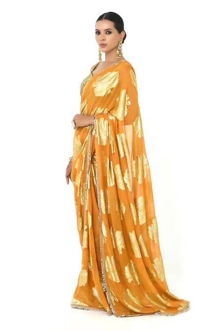 Buy_Rishi and Vibhuti X AZA_Yellow Georgette Sequins Sweetheart Neck Flower Pattern Saree With Blouse _Online_at_Aza_Fashions