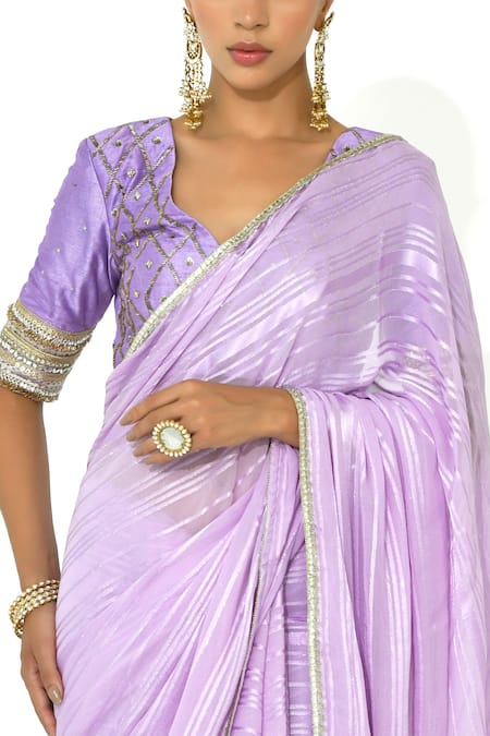 Rishi And Vibhuti X AZA_Purple Georgette, Silk Cut Work, Sequins Metallic Striped Saree With Blouse _Online_at_Aza_Fashions