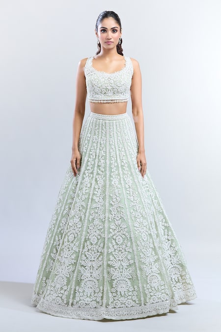 Seema Gujral_Green Silk Embroidery, Stones Scoop Neck Floral Bridal Lehenga Set _Online_at_Aza_Fashions