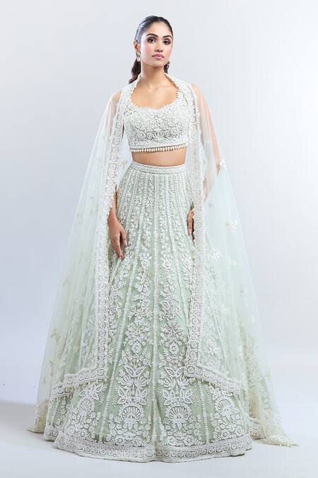 Buy_Seema Gujral_Green Silk Embroidery, Stones Scoop Neck Floral Bridal Lehenga Set _Online_at_Aza_Fashions
