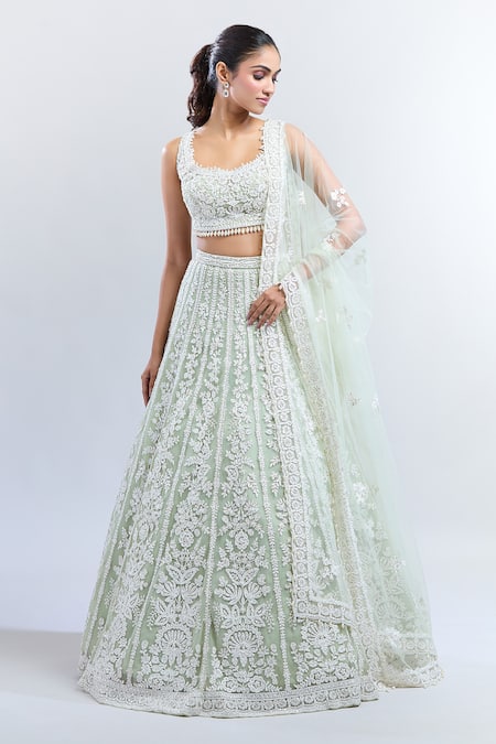 Shop_Seema Gujral_Green Silk Embroidery, Stones Scoop Neck Floral Bridal Lehenga Set _Online_at_Aza_Fashions