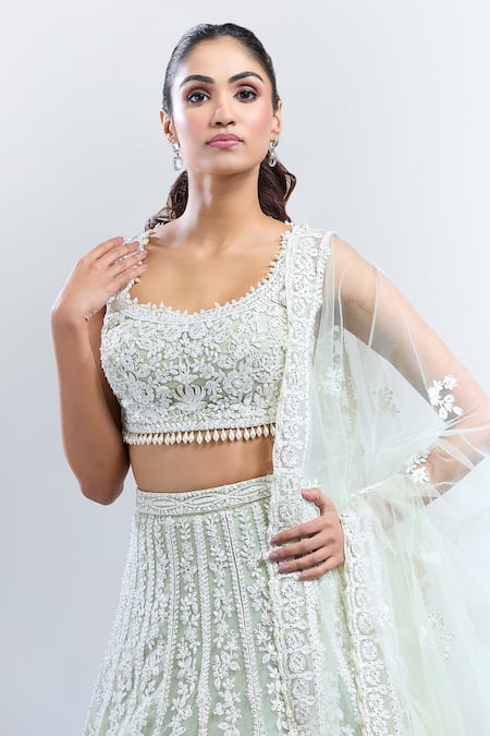 Seema Gujral_Green Silk Embroidery, Stones Scoop Neck Floral Bridal Lehenga Set _at_Aza_Fashions