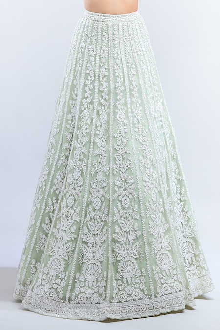 Buy_Seema Gujral_Green Silk Embroidery, Stones Scoop Neck Floral Bridal Lehenga Set 