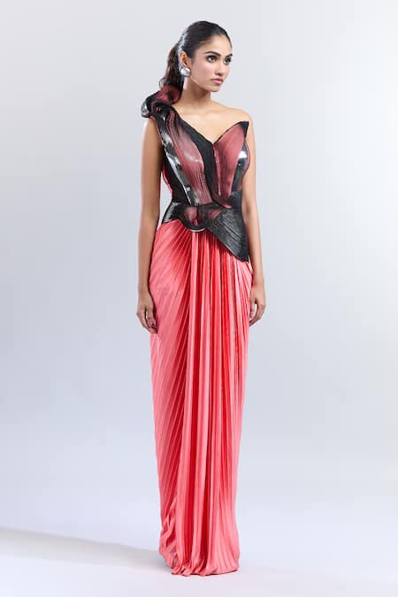 Amit Aggarwal_Coral Jersey Metallic Thread Asymmetric Moulded Structured Gown _Online_at_Aza_Fashions