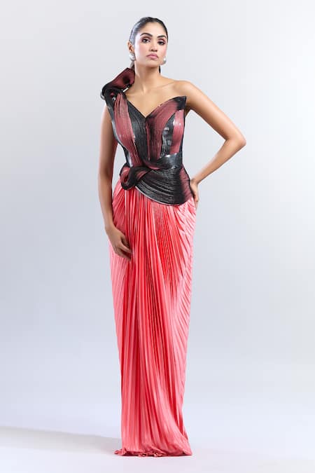 Shop_Amit Aggarwal_Coral Jersey Metallic Thread Asymmetric Moulded Structured Gown _Online_at_Aza_Fashions