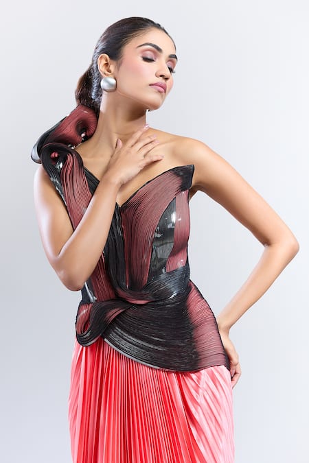 Amit Aggarwal_Coral Jersey Metallic Thread Asymmetric Moulded Structured Gown _at_Aza_Fashions