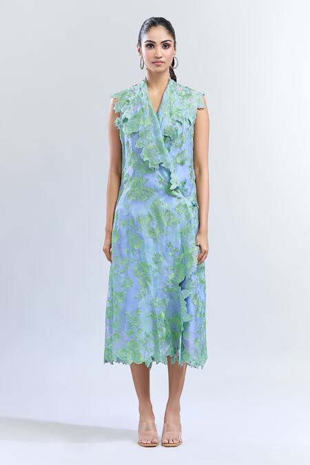 Anushree Reddy_Blue Organza, Crepe Embroidery Round , Square Floral Wrap Jacket Dress _Online_at_Aza_Fashions