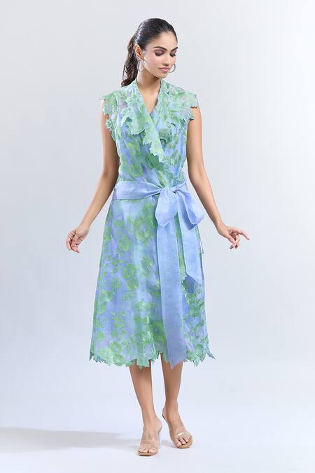 Buy_Anushree Reddy_Blue Organza, Crepe Embroidery Round , Square Floral Wrap Jacket Dress _Online_at_Aza_Fashions