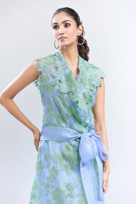 Shop_Anushree Reddy_Blue Organza, Crepe Embroidery Round , Square Floral Wrap Jacket Dress _Online_at_Aza_Fashions