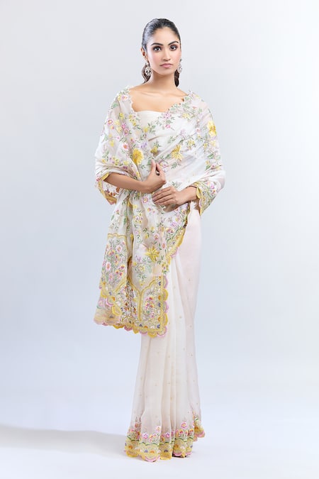 Buy Anushree Reddy Ivory Organza Embroidery Tutty Fruity Saree With Unstitched Blouse Piece Online at Aza Fashions Buy_Anushree Reddy_Ivory Organza Embroidery Tutty Fruity Saree With Unstitched Blouse Piece _Online_at_Aza_Fashions