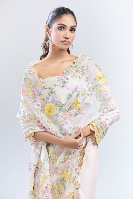 Shop Anushree Reddy Ivory Organza Embroidery Tutty Fruity Saree With Unstitched Blouse Piece Online at Aza Fashions Shop_Anushree Reddy_Ivory Organza Embroidery Tutty Fruity Saree With Unstitched Blouse Piece _Online_at_Aza_Fashions