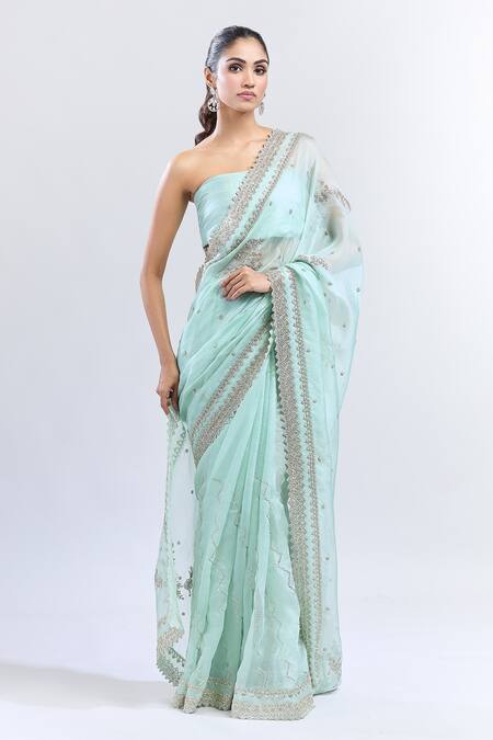 Anushree Reddy_Green Organza Sequins, Zari Zardozi Saree With Unstitched Blouse Piece _Online_at_Aza_Fashions