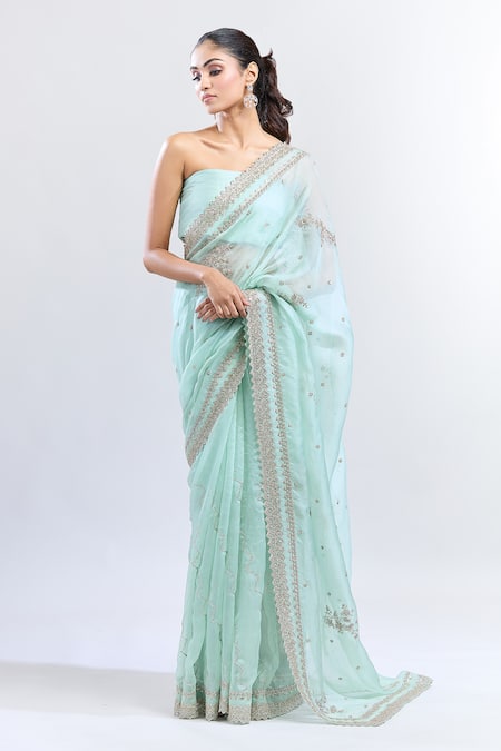 Buy_Anushree Reddy_Green Organza Sequins, Zari Zardozi Saree With Unstitched Blouse Piece _Online_at_Aza_Fashions
