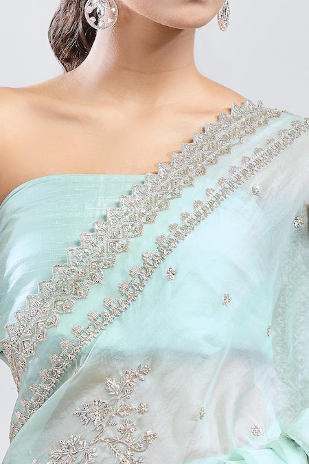 Shop_Anushree Reddy_Green Organza Sequins, Zari Zardozi Saree With Unstitched Blouse Piece _Online_at_Aza_Fashions