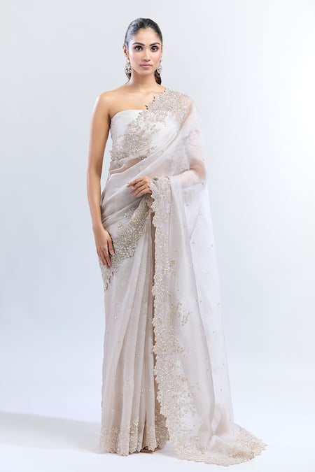 Anushree Reddy Ivory Organza Embroidered Floral Inara Saree With Unstitched Blouse Piece 