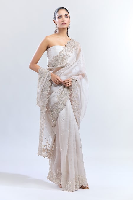 Anushree Reddy_Ivory Organza Cut Work, Inara Embroidered Saree With Unstitched Blouse Piece _Online_at_Aza_Fashions