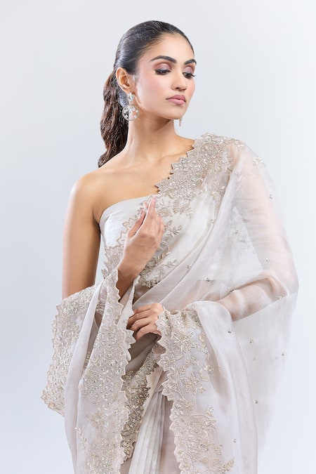 Buy_Anushree Reddy_Ivory Organza Cut Work, Inara Embroidered Saree With Unstitched Blouse Piece _Online_at_Aza_Fashions