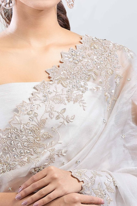 Shop_Anushree Reddy_Ivory Organza Cut Work, Inara Embroidered Saree With Unstitched Blouse Piece _Online_at_Aza_Fashions