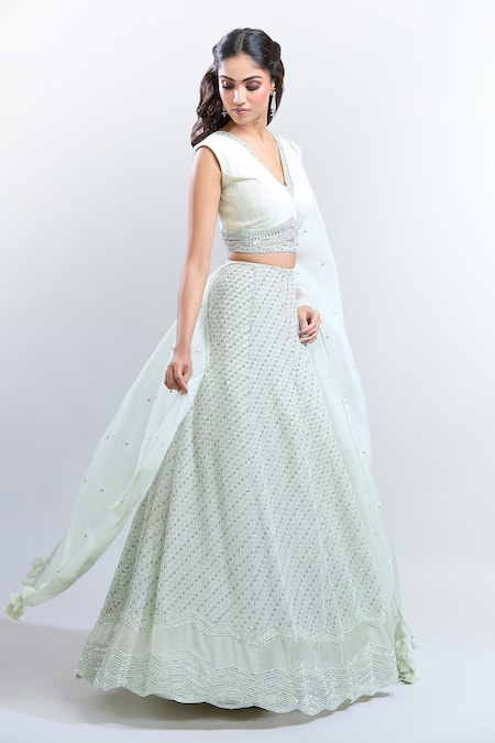 Buy COUTURE BY NIHARIKA Green Pearls V-neck Embroidered Lehenga Set Online at Aza Fashions Buy_COUTURE BY NIHARIKA_Green Pearls V-neck Embroidered Lehenga Set _Online_at_Aza_Fashions
