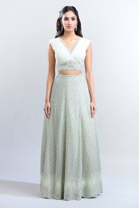 COUTURE BY NIHARIKA Green Pearls V-neck Embroidered Lehenga Set at Aza Fashions COUTURE BY NIHARIKA_Green Pearls V-neck Embroidered Lehenga Set _at_Aza_Fashions