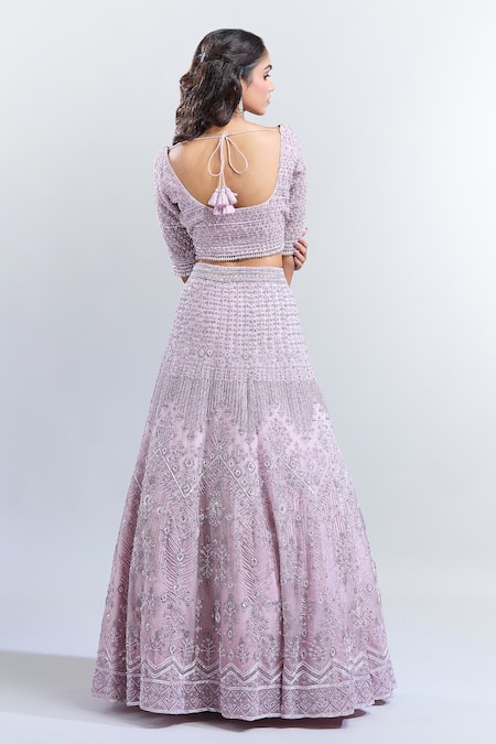 Shop COUTURE BY NIHARIKA Purple Chiffon Pearls, Sequins Round Neck Embroidered Lehenga Blouse Set at Aza Fashions Shop_COUTURE BY NIHARIKA_Purple Chiffon Pearls, Sequins Round Neck Embroidered Lehenga Blouse Set_at_Aza_Fashions