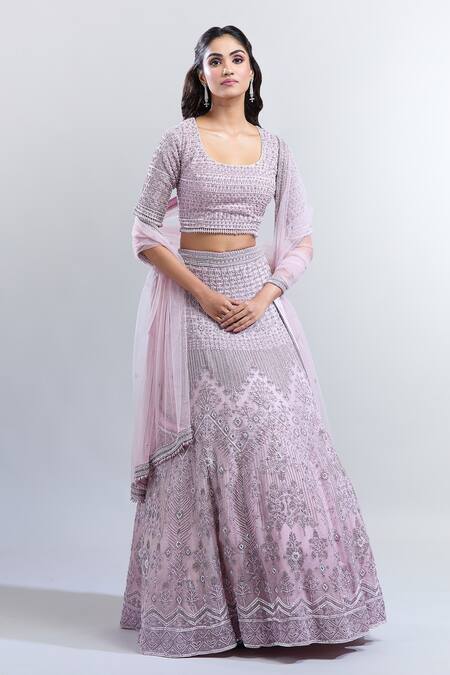 Buy COUTURE BY NIHARIKA Purple Chiffon Pearls, Sequins Round Neck Embroidered Lehenga Blouse Set Online at Aza Fashions Buy_COUTURE BY NIHARIKA_Purple Chiffon Pearls, Sequins Round Neck Embroidered Lehenga Blouse Set_Online_at_Aza_Fashions