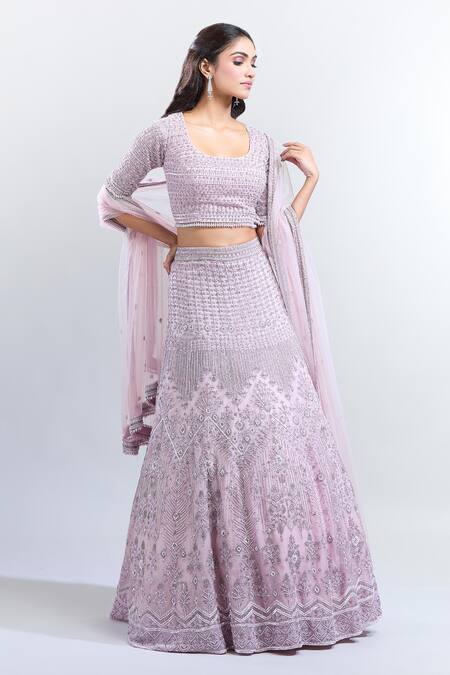 Shop COUTURE BY NIHARIKA Purple Chiffon Pearls, Sequins Round Neck Embroidered Lehenga Blouse Set Online at Aza Fashions Shop_COUTURE BY NIHARIKA_Purple Chiffon Pearls, Sequins Round Neck Embroidered Lehenga Blouse Set_Online_at_Aza_Fashions