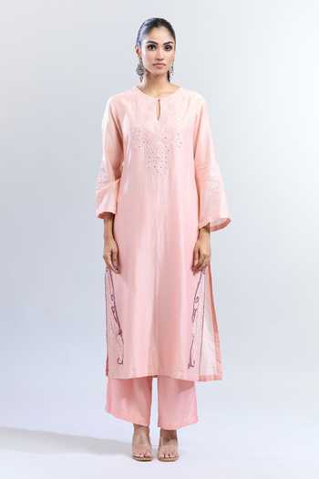 Devnaagri_Pink Cotton Embroidery, Mirrors Round Neck Tonal Yoke Kurta Set _Online_at_Aza_Fashions