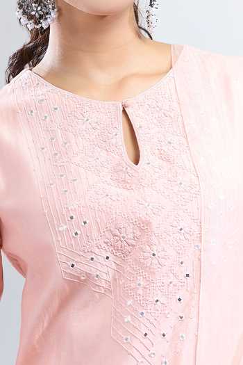 Buy_Devnaagri_Pink Cotton Embroidery, Mirrors Round Neck Tonal Yoke Kurta Set _Online_at_Aza_Fashions