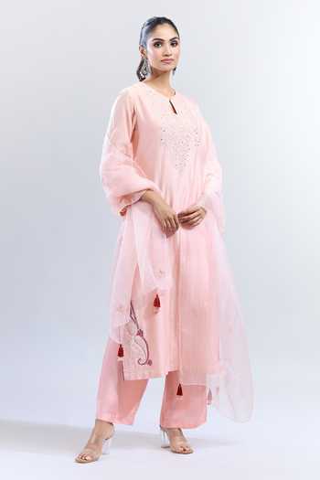 Devnaagri_Pink Cotton Embroidery, Mirrors Round Neck Tonal Yoke Kurta Set _at_Aza_Fashions