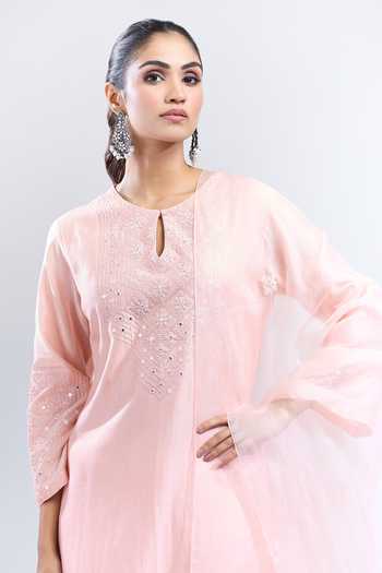 Buy_Devnaagri_Pink Cotton Embroidery, Mirrors Round Neck Tonal Yoke Kurta Set 