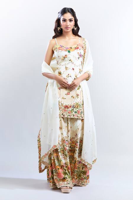 Kalista White Cotton, Chiffon Embroidery Sweetheart Shabha Botanic Pattern Sharara Set