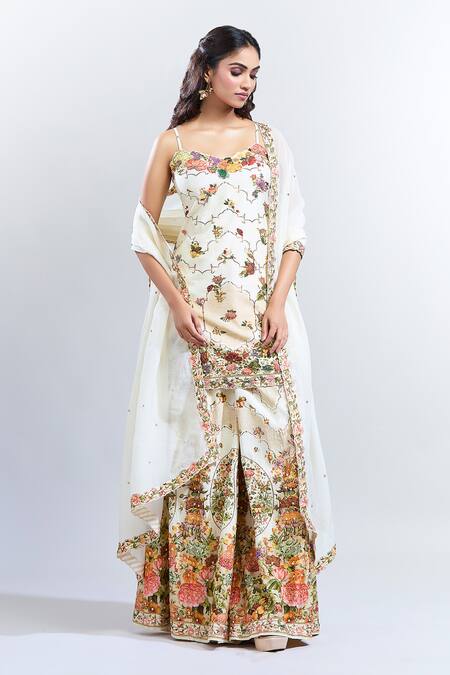 Buy_Kalista_White Cotton, Chiffon Embroidery Sweetheart Shabha Botanic Pattern Sharara Set_Online_at_Aza_Fashions