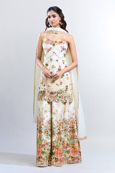 Shop_Kalista_White Cotton, Chiffon Embroidery Sweetheart Shabha Botanic Pattern Sharara Set_Online_at_Aza_Fashions