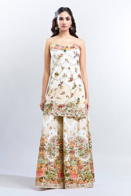 Buy_Kalista_White Cotton, Chiffon Embroidery Sweetheart Shabha Botanic Pattern Sharara Set