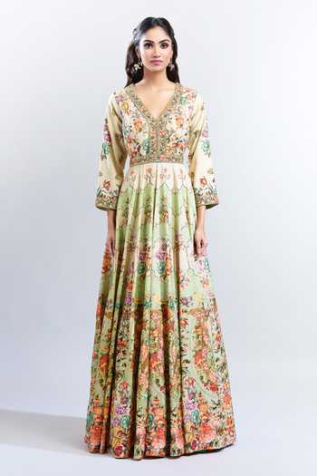Kalista_Green Embroidery V-neck Elana Floral Pattern Anarkali With Dupatta_Online_at_Aza_Fashions