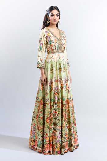 Buy_Kalista_Green Embroidery V-neck Elana Floral Pattern Anarkali With Dupatta_Online_at_Aza_Fashions