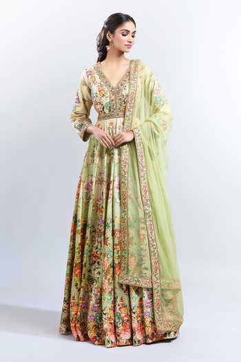 Shop_Kalista_Green Embroidery V-neck Elana Floral Pattern Anarkali With Dupatta_Online_at_Aza_Fashions