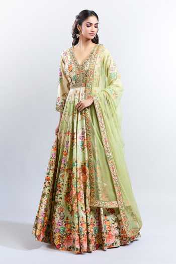 Kalista_Green Embroidery V-neck Elana Floral Pattern Anarkali With Dupatta_at_Aza_Fashions