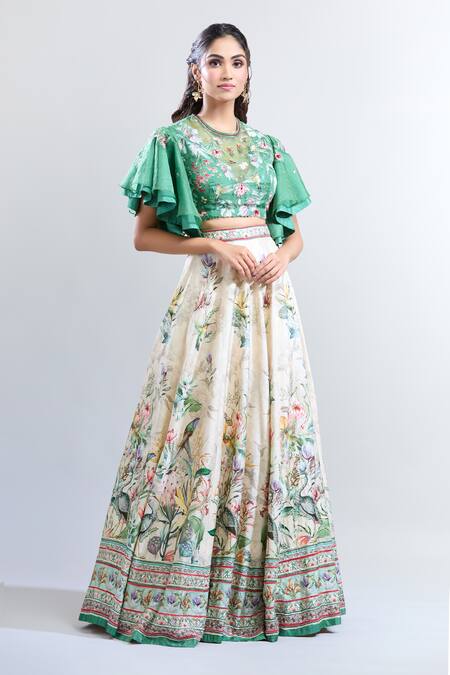 Kalista_Multi Color Embroidery Round Neck Veronica Botanic Pattern Lehenga And Blouse Set _Online_at_Aza_Fashions