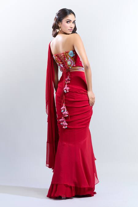 Shop Kalista Red Chiffon Embroidery Sweetheart Neck Zahra Pre-draped Saree With Blouse at Aza Fashions Shop_Kalista_Red Chiffon Embroidery Sweetheart Neck Zahra Pre-draped Saree With Blouse_at_Aza_Fashions